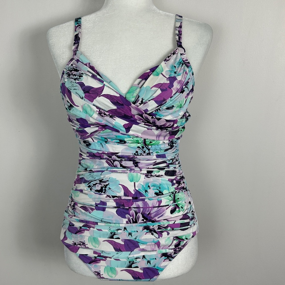 Togs Swimwear Australia One Piece Swimsuit Ruched Front Womens Sz 8 Purple Blue